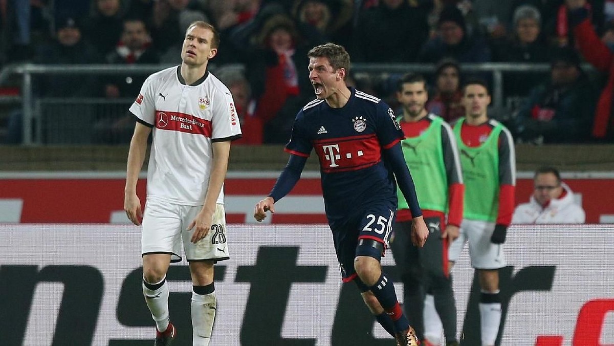 Selebrasi gol Thomas Mueller di laga melawan Stuttgart. (Thomas Niedermueller/Reuters)