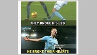 Di laga tadi kaki Kevin De Bruyne nyaris patah oleh tekel Dele Alli. Tapi, dua menit setelah kejadian De Bruyne mencetak gol untuk menghancurkan hati Spurs. (Foto: Istimewa)