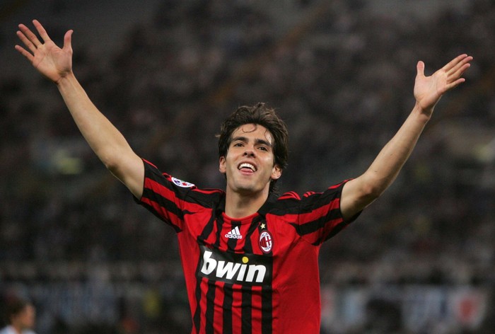 Kaka ROME, OCTOBER 7: Kaka of AC Milan (R) celebrates during the Serie A match between Lazio and AC Milan at the Stadio Olimpico on October 7, 2007 in Rome, Italy. (Photo by New Press/Getty Images)