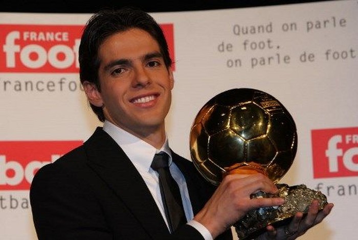 Kaka AC Milan's Brazilian midfielder Kaka poses with his trophy after being awarded as France Football's Player of the Year winning the prestigious Ballon d'Or award, 02 December 2007 in Boulogne-Billancourt outside Paris. Born under the name of Ricardo Izecson dos Santos Leite, he succeeds Italy's World Cup winning captain and defender Fabio Cannavaro and comes two years after the last Brazilian winner of the trophy, Barcelona's Ronaldinho. The 25-year-old Kaka notably played a starring role in AC Milan's triumphant Champions League campaign scoring 10 goals and setting up the winner for Filippo Inzaghi in the final against Liverpool. AFP PHOTO PIERRE VERDY / AFP PHOTO / PIERRE VERDY