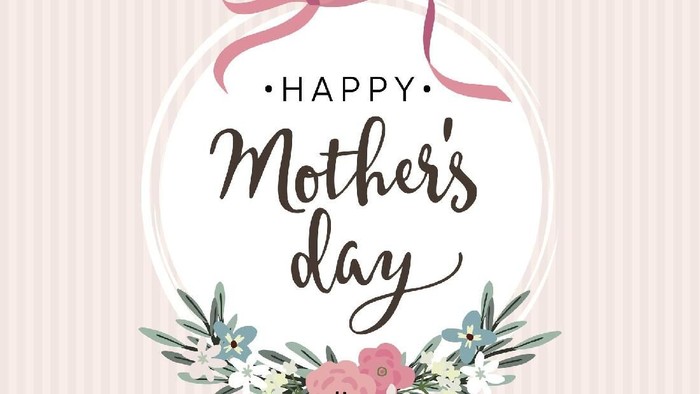 Mothers day greeting card, invitation. Brush script, calligraphic design. White label with ribbon, flowers, leaves and striped background, stock vector illustration.