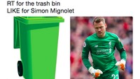 Netizen yang ini gemas sekali dengan buruknya penampilan Mignolet sampai menyejajarkannya dengan sebuah keranjang sampah warna hijau. (Foto: Screenshot Medsos)