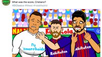 Ronaldo yang tak berdaya juga diejek. Ada kartun CR7 dioolk oleh Lionel Messi dan Luis Suarez. (Foto: dok. Twitter)