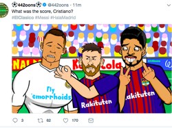 Ronaldo yang tak berdaya juga diejek. Ada kartun CR7 dioolk oleh Lionel Messi dan Luis Suarez. (Foto: dok. Twitter)