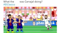 Dua penggawa Barca menertawai Carvajal. Dia melakukan aksi percuma menghalau bola dengan tangan hingga menjadi sasaran olokan. (Foto: dok. Twitter)