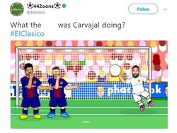 Dua penggawa Barca menertawai Carvajal. Dia melakukan aksi percuma menghalau bola dengan tangan hingga menjadi sasaran olokan. (Foto: dok. Twitter)