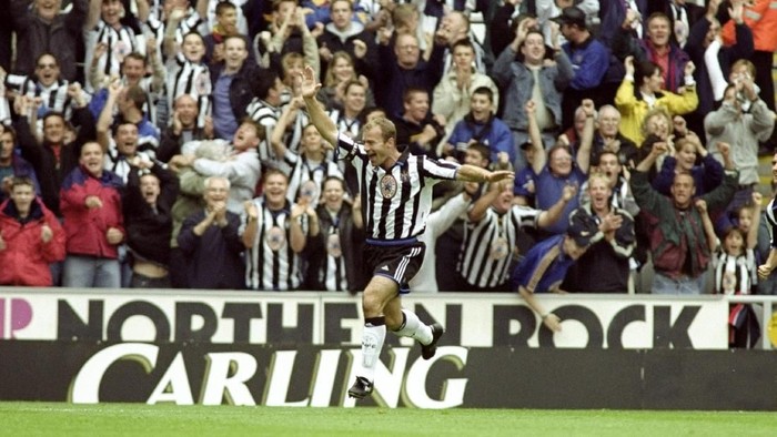 Alan Shearer, 1999 19 Sep 1999: Alan Shearer of Newcastle salutes a goal during the Newcastle United v Sheffield Wednesday FA Carling Premier League match played at St. James's Park, Newcastle, England. Newcastle went on to win the game (eight) 8-0. \ Mandatory Credit: Clive Mason /Allsport