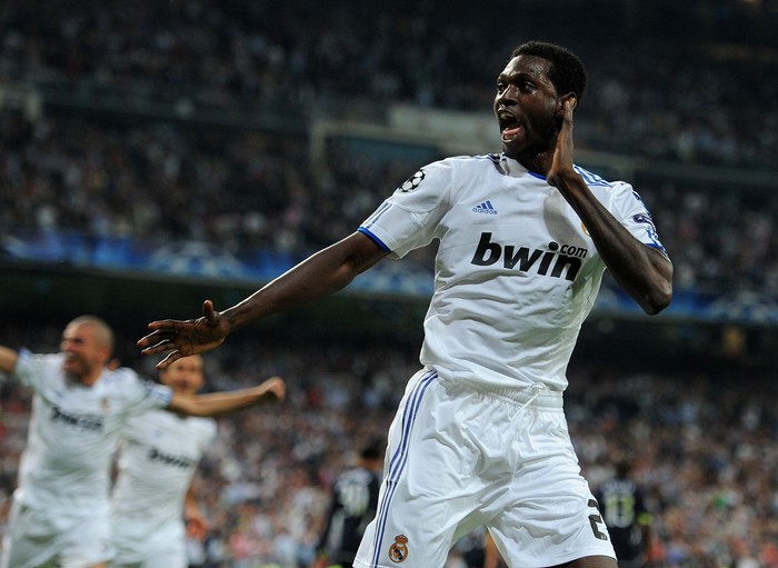 Emmanuel Adebayor MADRID, SPAIN - APRIL 05: Emmanuel Adebayor of Real Madrid celebrates scoring his second goal during the UEFA Champions League quarter final first leg match between Real Madrid and Tottenham Hotspur at Estadio Santiago Bernabeu on April 5, 2011 in Madrid, Spain. (Photo by Jasper Juinen/Getty Images)