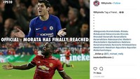 Morata selevel dengan striker Manchester United, Romelu Lukaku. Tapi, dalam hal buang-buang peluang. (Foto: dok.Instagram)