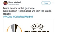 Dengan posisi saat ini Madrid dicibir bisa berakhir main di Liga Europa musim depan. Arsenal, klub Inggris yang musim ini juga harus rela tak main di Liga Champions, ikut kena sindir. (Foto: Screenshot Twitter)