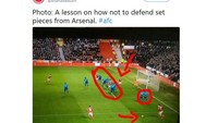 Salah satu proses gol yang amat disoroti. Arsenal menyusun pagar pemain sedemikian rupa sehingga membuat pemain lawan amat bebas dari posisi offside. (Foto: Screenshot Twitter)