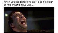 Potongan adegan yang melibatkan aktor Nicholas Cage di film Face Off ikut dibawa-bawa, terkait rentang poin Madrid dengan Barca di papan klasemen La Liga. (Foto: Screenshot Twitter)