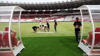 Petugas tengah melakukan perawatan rumput stadion.