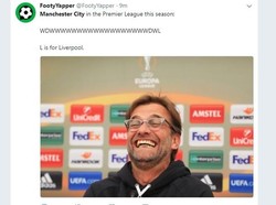 Mungkin beginilah ekspresi Juergen Klopp setelah memutus rentetan tak terkalahan Manchester City di Premier League musim ini. (Foto: Twitter)