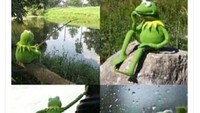 Tokoh boneka Kermit tampil dalam beberapa pose, yang ceritanya seperti sedang menanti Sanchez resmi pindah dari Arsenal ke MU. (Internet).