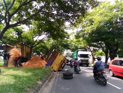 As Roda Patah, Truk Bermuatan Serbuk Kayu Terguling di Gresik