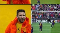 Sementara meme yang ini membandingkan aksi Messi ketika mengambil tendangan bebas dengan mengeksekusi tendangan penalti. (Foto: Internet)