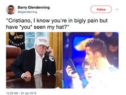 Presiden AS Donald Trump ikut terbawa-bawa gelombang meme. Ia disebut sedang menelepon Ronaldo untuk menanyakan topinya. (Foto: Internet)