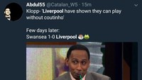 Selain itu, Liverpool juga diejek lantaran sempat bilang tidak butuh sosok Coutinho usai menang atas City. Kekalahan atas Swansea menjungkirbalikkan pernyataan itu. (Foto: Twitter @Catalan_w5)