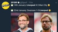 Manajer Juergen Klopp jelas yang menjadi sindiran. Foto wajahnya yang sedang tersenyum, disandingkan dengan wajahnya yang tengah cemberut. (Foto: Twitter @Sporf)