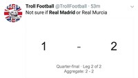 Real Madrid kalah 1-2 dari Leganes di leg kedua perempatfinal Copa del Rey, sehingga agregat jadi 2-2 di mana Leganes unggul gol tandang. Itu Real Madrid atau Real Murcia ya kira-kira? (Foto: Twitter @TrollFootball)