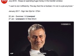 Klopp kembali dicibir terkait tindakannya mendatangkan Van Dijk dengan harga mahal. Manajer Manchester United Jose Mourinho ikut dibawa-bawa pula dalam meme ini. (Foto: Internet)