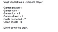 Begini statistik Van Dijk dari empat pertandingannya di seluruh ajang bersama Liverpool (dua Piala FA, dua Premier League). Ia terindikasi belum bisa beradaptasi dengan mulus untuk mengokohkan lini belakang The Reds. (Foto: Internet)