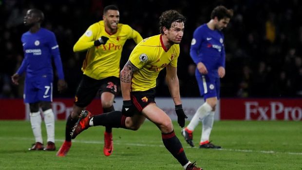 Soccer Football - Premier League - Watford vs Chelsea - Vicarage Road, Watford, Britain - February 5, 2018   Watford's Daryl Janmaat celebrates scoring their second goal                    Action Images via Reuters/Andrew Couldridge    EDITORIAL USE ONLY. No use with unauthorized audio, video, data, fixture lists, club/league logos or 