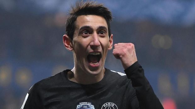 Paris Saint-Germain's Argentinian forward Angel Di Maria celebrates after scoring a goal during the French League Cup round of sixteen football match between Sochaux (FCSM) and Paris Saint-Germain (PSG), on February 6, 2018 at the Auguste Bonal stadium in Sochaux. / AFP PHOTO / PATRICK HERTZOG