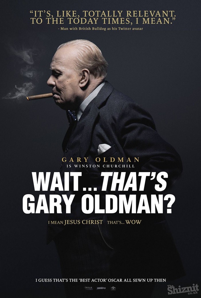 Poster Darkest Hour diubah menjadi bagaimana publik terkejut dengan penampilan Gary Oldman. (Dok. Schiznit)