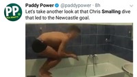 Begini tayangan ulang Smalling saat berusaa membantu MU mendapat gol di kandang Newcastle. Bersiap hitung mundur satu..dua..tiga. (Foto: Twitter @paddypower))