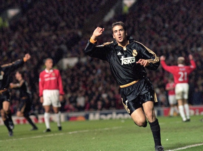 19 Apr 2000: Raul of Real Madrid celebrates his goal during the UEFA Champions League quarter-final second leg against Manchester United at Old Trafford in Manchester, England. Real Madrid won the match 3-2. \ Mandatory Credit: Michael Steele /Allsport