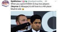 Adapun yang kesal pasti bos PSG, Nasser Al-Khelaifi, yang sudah membeli Neymar seharga Rp 3,5 triliun dari Barca tapi PSG tetap tak bisa berbicara banyak di Liga Champions. Juga Kylian Mbappe yang tadi malam tak banyak menebar ancaman. (Foto: Twitter @badgalmaddie_)