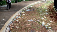 Rumput-rumput yang baru ditanam pun rusak menyisakan tanah.