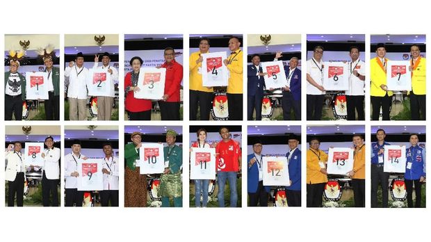 Foto kolase sejumlah pengurus parpol dengan nomor urut nya di Pemilu 2019, di Gedung KPU, Jakarta, Minggu (18/2).