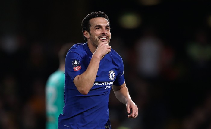 LONDON, ENGLAND - FEBRUARY 16:  Pedro of Chelsea celebrates after scoring his teams second goal of the game during The Emirates FA Cup Fifth Round match between Chelsea and Hull City at Stamford Bridge on February 16, 2018 in London, England.  (Photo by Catherine Ivill/Getty Images)