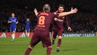 Ini merupakan gol pertama Messi ke gawang Chelsea. Dia baru bisa menjebol gawang klub asal Kota London itu di pertandingannya yang kesembilan (Mike Hewitt/Getty Images)
