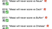 Meme berikut memaparkan korban-korban Messi dari tahun ke tahun. Chelsea adalah korban teranyar, mengingat Messi butuh 730 menit sebelum bisa mencetak gol perdana. (Foto: Internet)