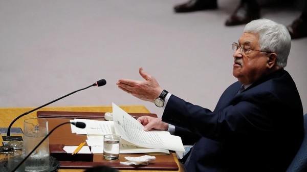 Palestinian President Mahmoud Abbas speaks during a meeting of the UN Security Council at UN headquarters in New York, U.S., February 20, 2018. REUTERS/Lucas Jackson