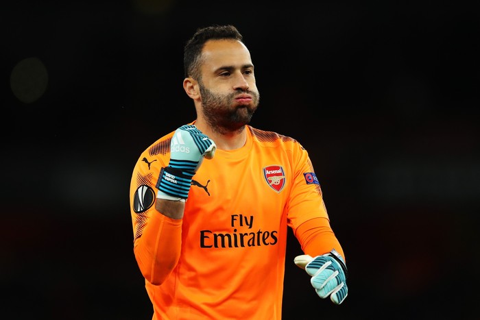 LONDON, ENGLAND - SEPTEMBER 14:  David Ospina of Arsenal celebrates after Hector Bellerin of Arsenal scored the 3rd arsenal goal during the UEFA Europa League group H match between Arsenal FC and 1. FC Koeln at Emirates Stadium on September 14, 2017 in London, United Kingdom.  (Photo by Richard Heathcote/Getty Images)