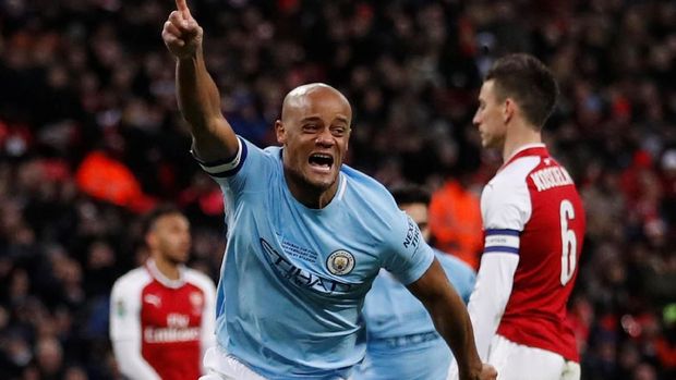 Soccer Football - Carabao Cup Final - Arsenal vs Manchester City - Wembley Stadium, London, Britain - February 25, 2018   Manchester City's Vincent Kompany celebrates scoring their second goal    Action Images via Reuters/Carl Recine     EDITORIAL USE ONLY. No use with unauthorized audio, video, data, fixture lists, club/league logos or 