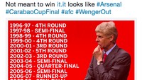 Yang ini mengampanyekan Wenger Out seraya memperlihatkan infografis berisikan kiprah Wenger selama menangani Arsenal di Piala Liga Inggris. (Foto: Internet)