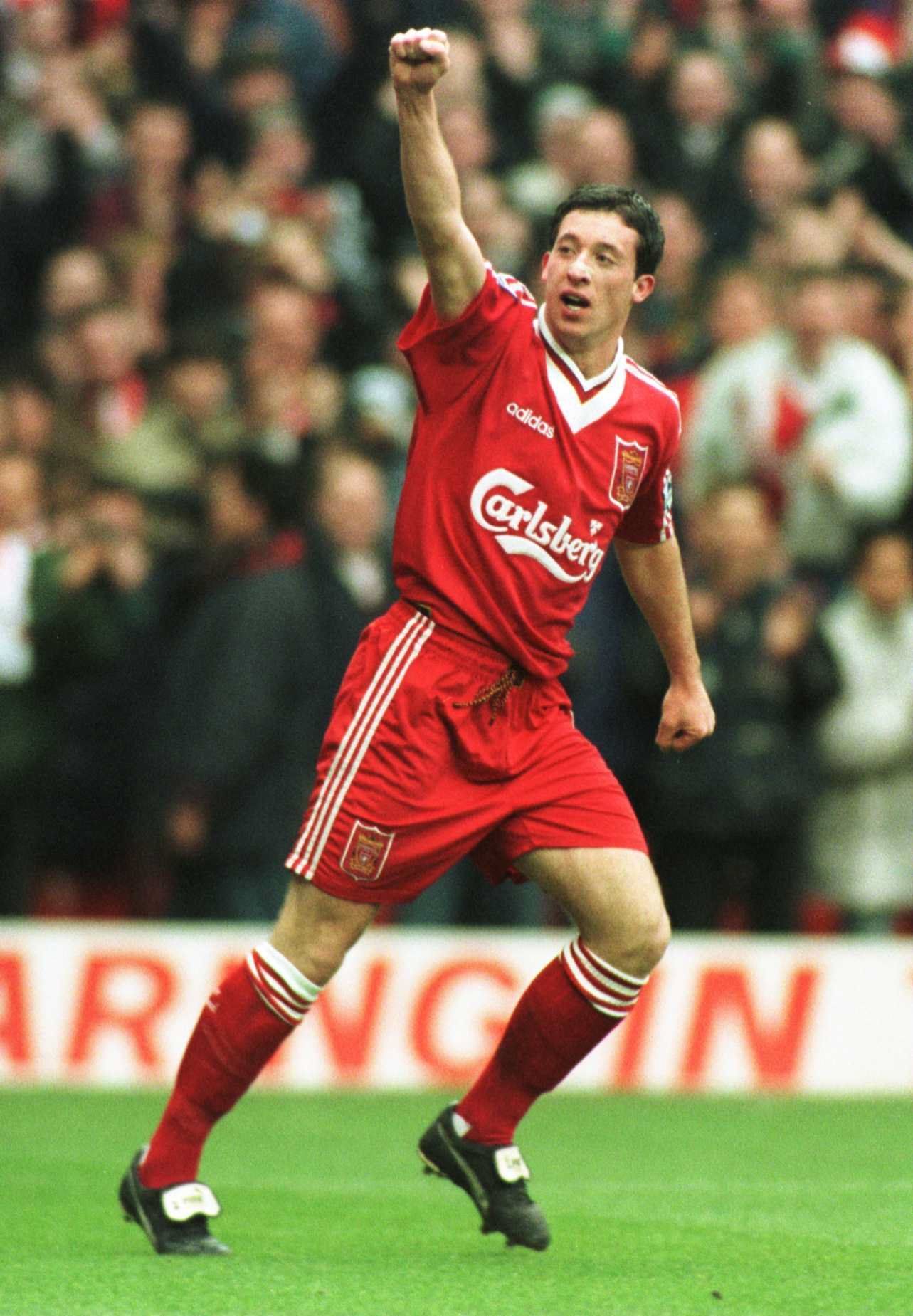 3 Mar 1996:  Robbie Fowler of Liverpool celebrates scoring the third goal against Aston Villa during the Premiership game at Anfield today. Mandatory Credit: Ben Radford/Allsport