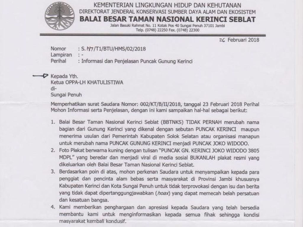 Beredar di Medsos, Surat Bantahan Soal Puncak Jokowi di Kerinci