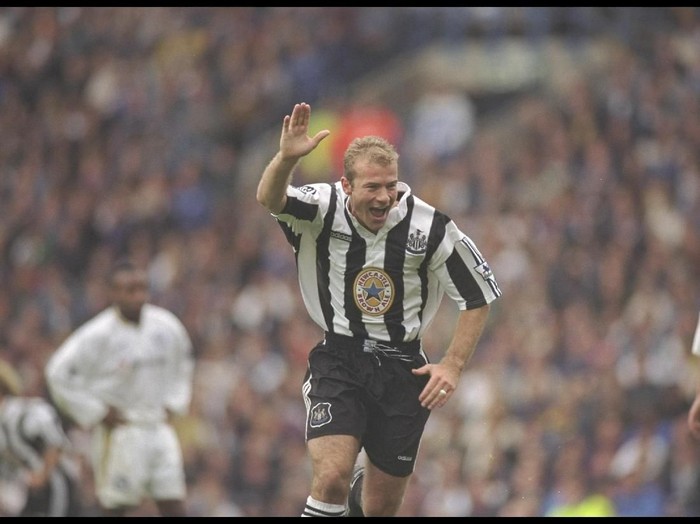 21 Sep 1996:  Alan Shearer of Newcastle United celebrates after scoring during the FA Carling Premiership match between Leeds United and Newcastle United at Elland Road, Leeds. Newcastle went on to win the match by 1-2. Mandatory Credit: Shaun Botterill/Allsport