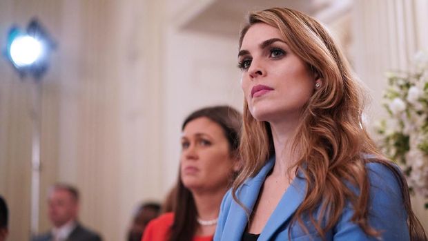 (FILES) In this file photo taken on February 21, 2018 White House Communications Director Hope Hicks watches as US President Donald Trump takes part in a “listening session” on gun violence with teachers and students in the State Dining Room of the White House. Hope Hicks, the White House communications director and one of President Trump’s longest-serving advisers, said Wednesday that she was resigning. / AFP PHOTO / MANDEL NGAN