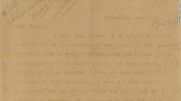 Surat Mahatma Gandhi kepada tokoh Kristen di Amerika Serikat yang dilelang.