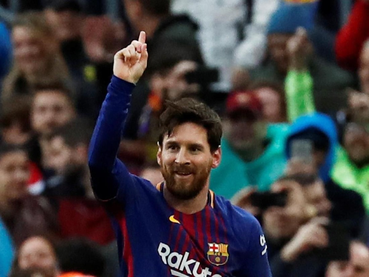 Pemain Barcelona, Lionel Messi, merayakan gol ke gawang Atletico Madrid. (Foto: Juan Medina/Reuters)