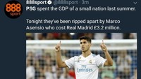 PSG, yang punya tim supermahal, harus kalah dari Real Madrid yang serangannya dimotori Marco Asensio, pemain cukup murah saat dibeli Los Blancos. (Foto: Twitter @888Sport)