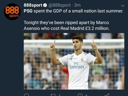 PSG, yang punya tim supermahal, harus kalah dari Real Madrid yang serangannya dimotori Marco Asensio, pemain cukup murah saat dibeli Los Blancos. (Foto: Twitter @888Sport)